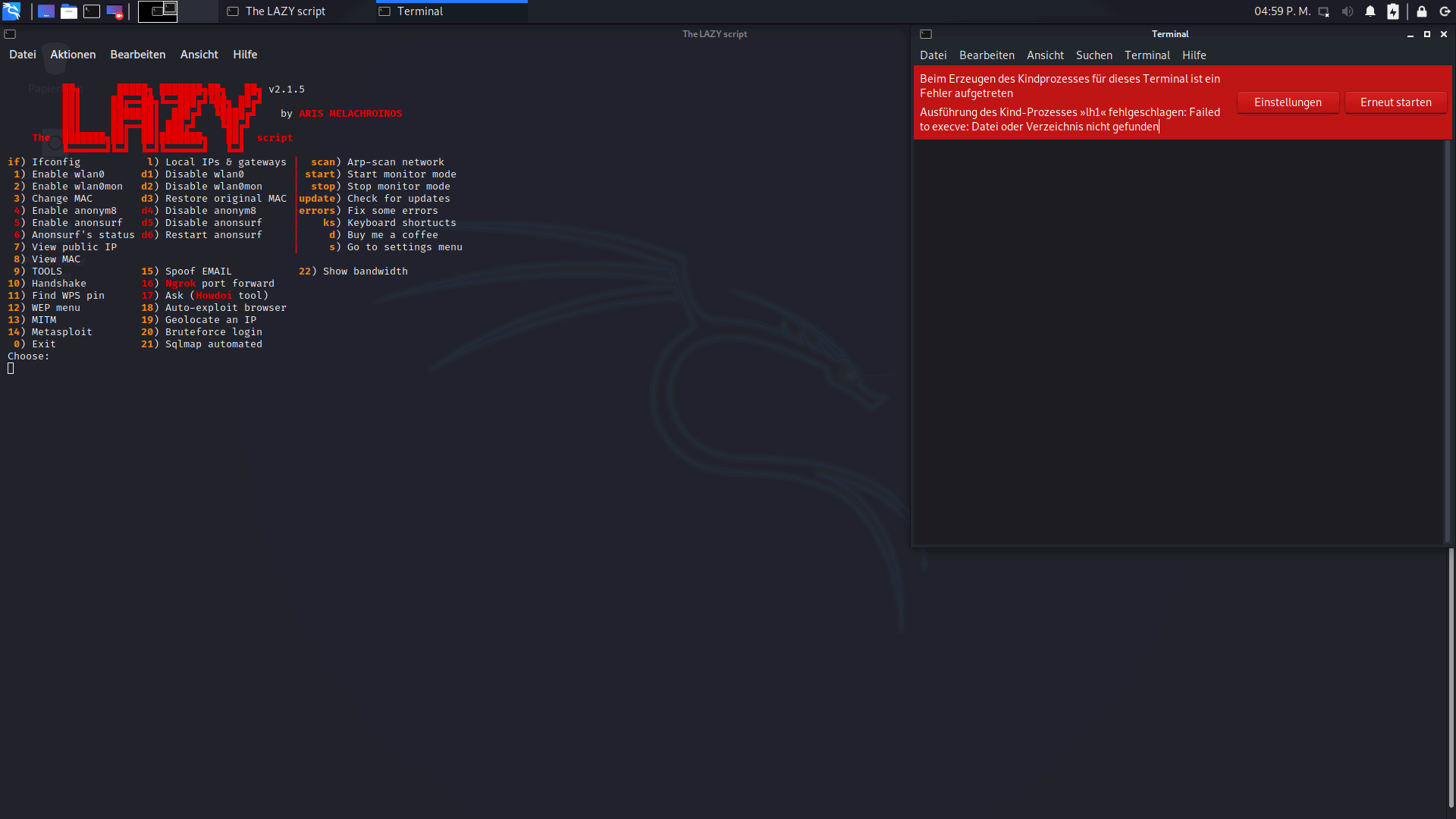 Kali linux lazyscript child window does not work