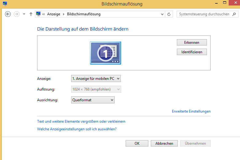 Change resolution on Windows 8 laptop
