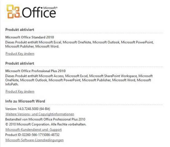 Microsoft Office prof 2010 and standard