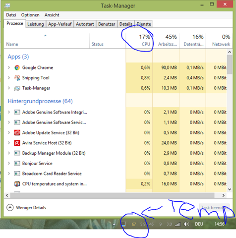 Laptop at 17 CPU usage at 70 degrees