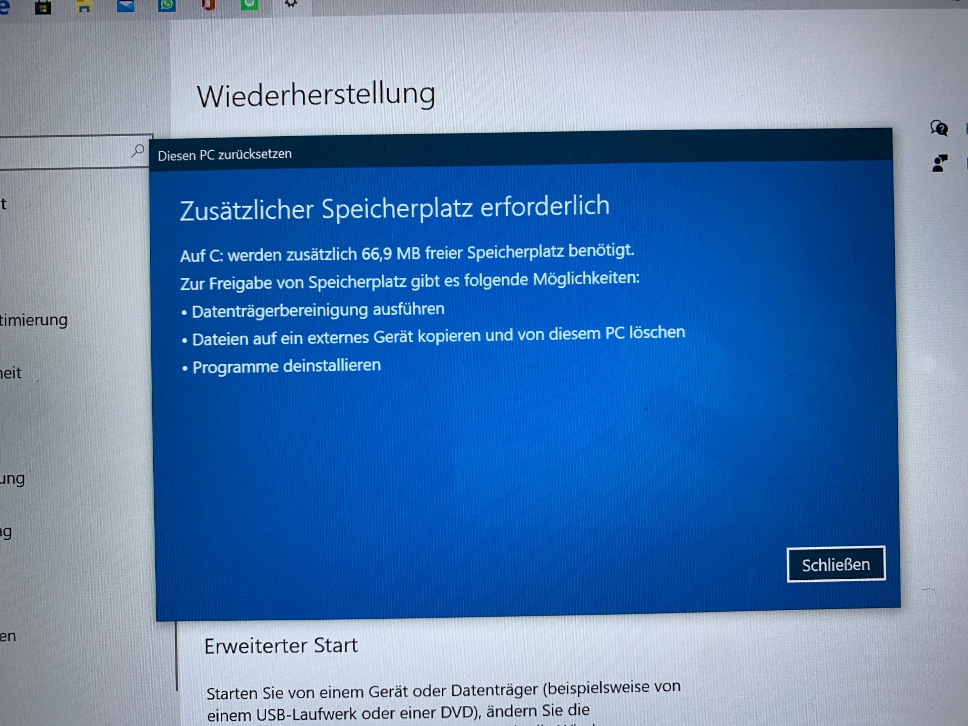 Reset laptop not working due to disk space