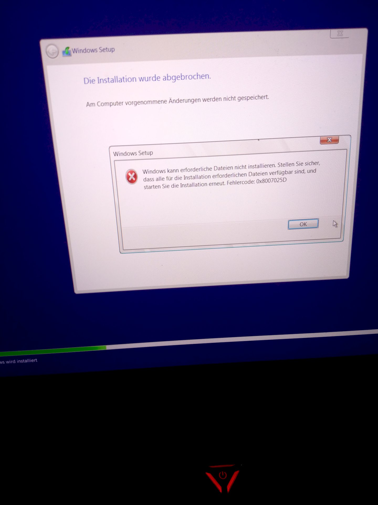 Windows 10 install error message - 1
